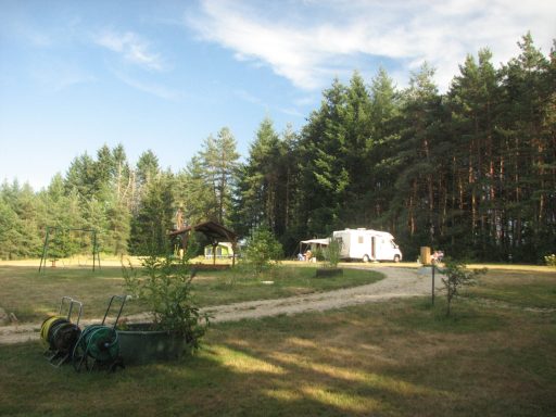 Een caravan op een rustige plek omringd door bomen en een heldere lucht.
